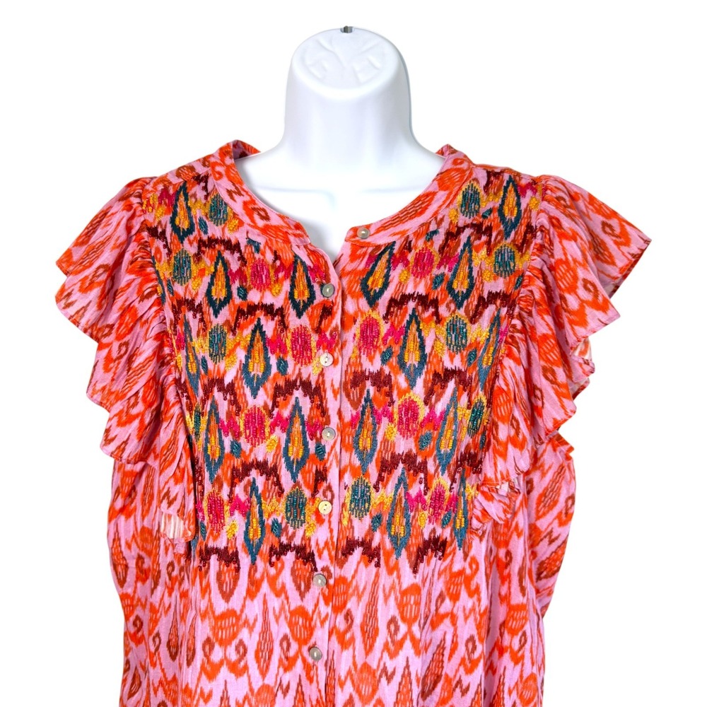 Figue Womens Boho Beaded Flutter Sleeve Button Up Top Size L Flowy Feminine - Picture 2 of 7
